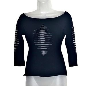 Y2K Angelica Val Slashed Sheer Mesh Thick Knit Top Black Medium Sexy Edgy Grunge